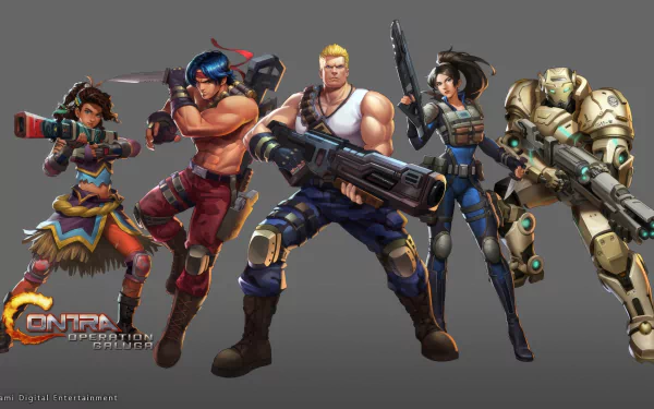 HD wallpaper featuring characters from the video game Contra: Operation Galuga, showcasing a diverse group of warriors armed with futuristic weapons.