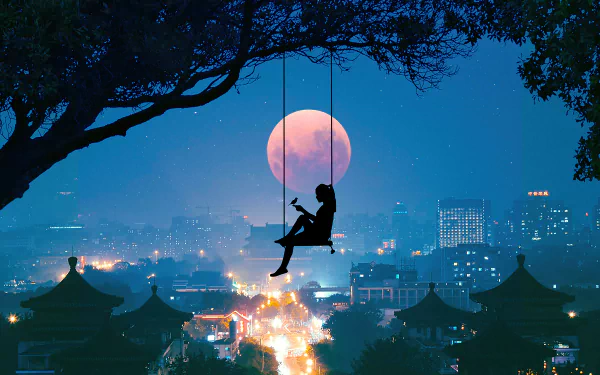 A girl on a swing silhouetted against a glowing full moon over a cityscape at night, captured in a 4K Ultra HD digital art landscape wallpaper.