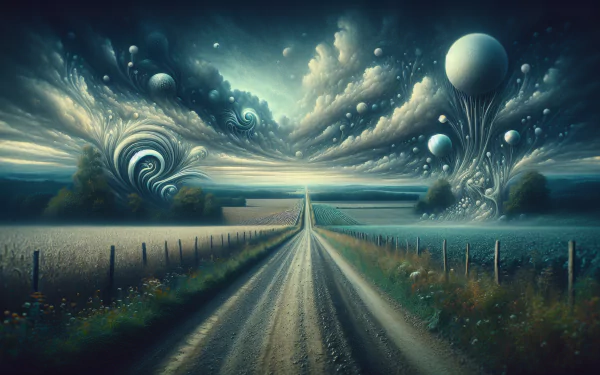 Surreal country road HD desktop wallpaper with a fantasy-themed sky featuring swirling clouds and floating orbs.