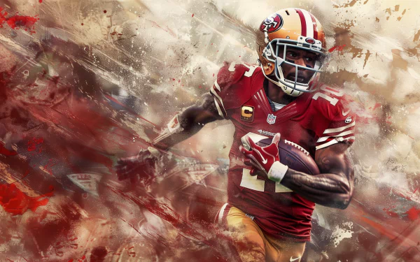 A dynamic San Francisco 49ers player runs with a football, set against an abstract, colorful background. This HD wallpaper captures the intensity of NFL football action.
