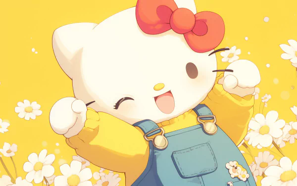 HD desktop wallpaper featuring a joyful Hello Kitty character from Sanrio anime, with a red bow on her head, smiling with closed eyes, and surrounded by white daisies on a yellow background.