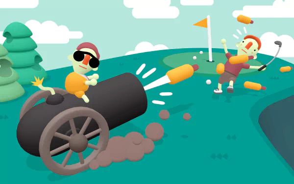 HD Wallpaper of What the Golf? game depicting a whimsical scene with characters and a cannon on a golf course.