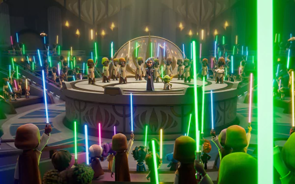 HD wallpaper of Jedi from Star Wars: Young Jedi Adventures gathered with lit lightsabers in a council chamber.
