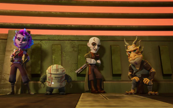 A vibrant HD desktop wallpaper featuring characters from the TV show Star Wars: Young Jedi Adventures, showcasing a diverse group of animated figures in a colorful setting.