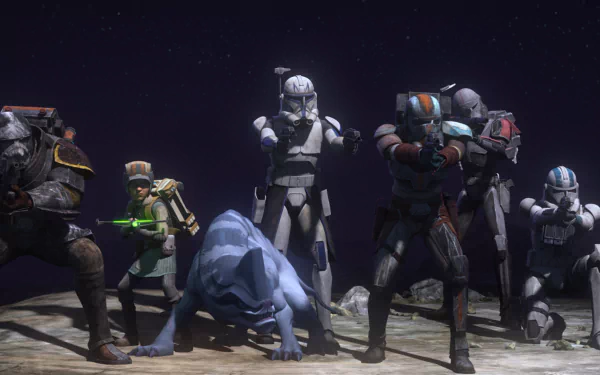 HD wallpaper featuring characters from Star Wars: The Bad Batch animated TV show, prepared for action under a starry sky.