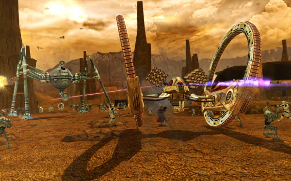 HD desktop wallpaper from Star Wars: Battlefront Classic Collection featuring an intense battle scene with starfighters, droids, and vehicles on a desert planet.