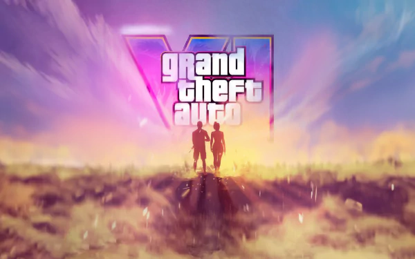 HD wallpaper featuring Grand Theft Auto VI logo with silhouettes in scenic backdrop for desktop background.