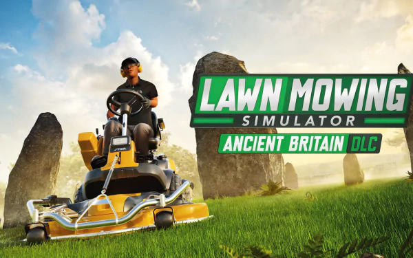 HD wallpaper featuring Lawn Mowing Simulator video game with Ancient Britain DLC content, showcasing a character on a riding mower amid lush greenery and historical stone formations.