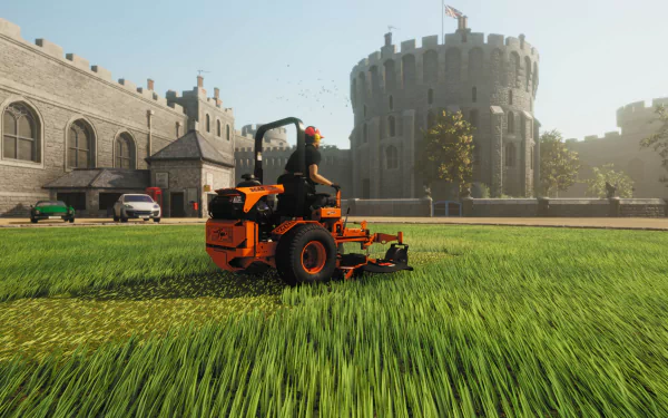 HD desktop wallpaper featuring a scene from Lawn Mowing Simulator with a vibrant orange lawn mower cutting grass near a castle.