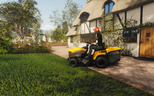 High-definition desktop wallpaper from Lawn Mowing Simulator game featuring a character riding a yellow lawn mower on a lush green lawn by a picturesque thatched cottage.