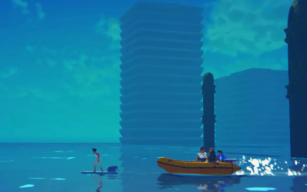 HD wallpaper featuring a serene scene from the video game Highwater with characters on a boat and paddleboard navigating through calm waters, juxtaposed by towering structures in the background.