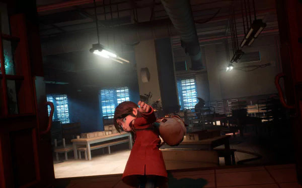 HD wallpaper of a scene from the video game Gylt, featuring a character cautiously navigating through a dimly-lit, atmospheric room with a flashlight.