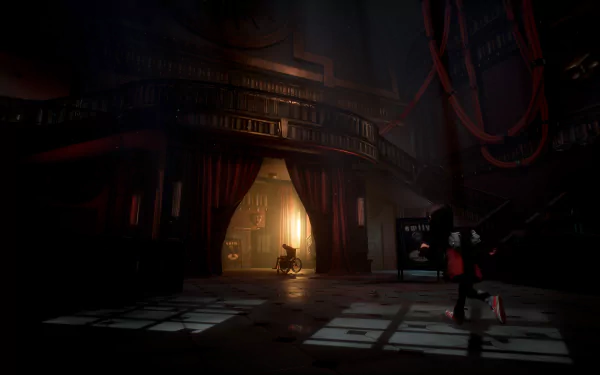 HD desktop wallpaper featuring a scene from the video game Gylt, with a character exploring a dimly lit, mysterious theater interior.