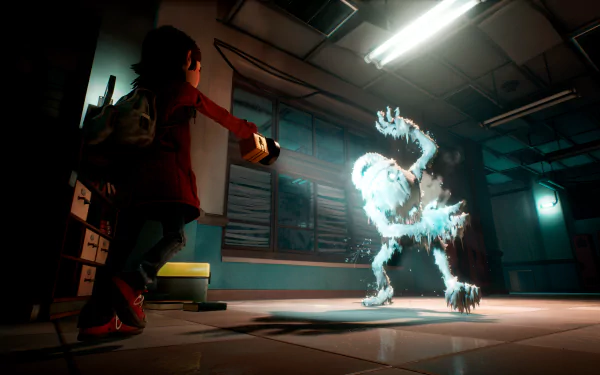 HD wallpaper of a tense moment in Gylt video game showing a character facing a glowing monster in a spooky corridor.