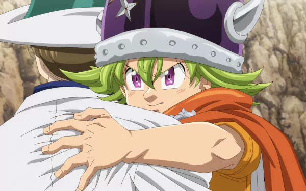 HD anime desktop wallpaper featuring a character from The Seven Deadly Sins: Four Knights of the Apocalypse embracing another character, with a focus on the character's intense green eyes and distinctive purple hat.