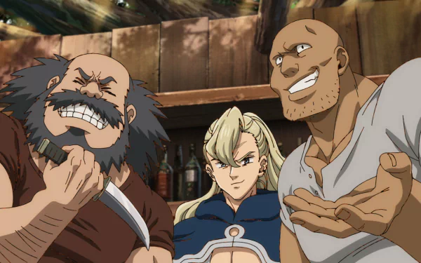HD wallpaper of characters from The Seven Deadly Sins: Four Knights of the Apocalypse anime, featuring a scene with three expressive characters.