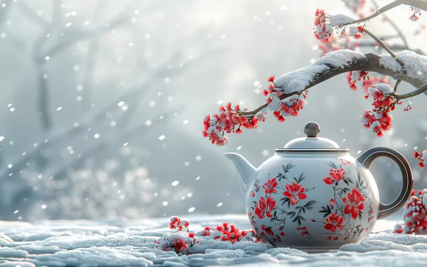 A serene HD wallpaper featuring a beautifully decorated teapot beside delicate red flowers, surrounded by a tranquil snowy landscape.