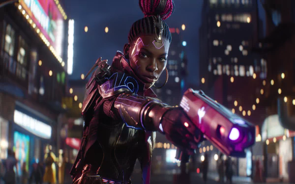 Futuristic warrior with a blaster in a neon-lit cityscape, HD desktop wallpaper background.