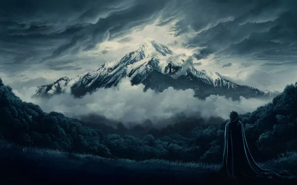  Mysterious figure before snow-capped mountain
