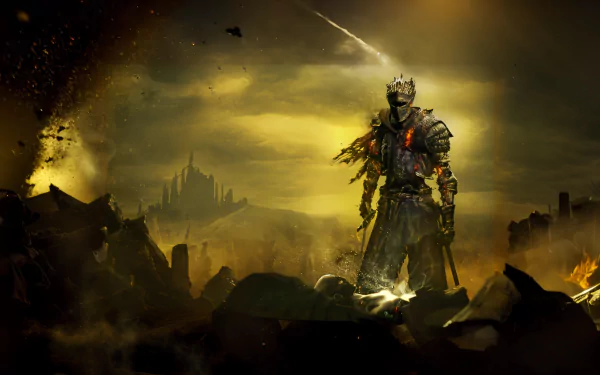 Epic Dark Souls III HD desktop wallpaper with a fiery dragon overlooking a mystical landscape.