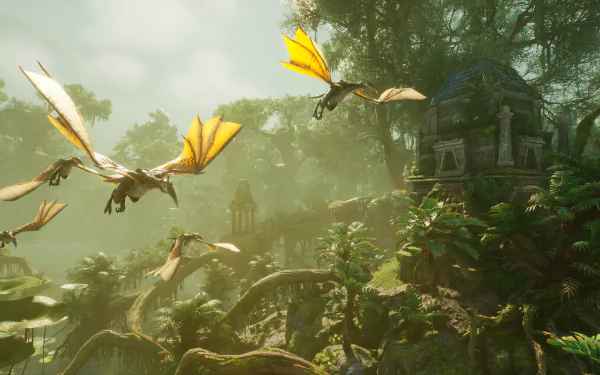 HD Wallpaper of Outcast 2: A New Beginning featuring flying creatures in a lush video game landscape for desktop background.