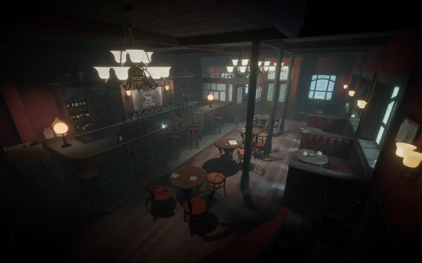 A dimly lit bar scene from the video game Peaky Blinders: The King's Ransom, featuring elegant lighting, wooden furnishings, and an inviting atmosphere. HD desktop wallpaper background.