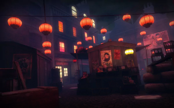 HD desktop wallpaper image from the video game Peaky Blinders: The King's Ransom, featuring a moody, dimly lit street scene with hanging lanterns and vintage posters.