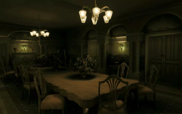 An atmospheric HD desktop wallpaper from Alone in the Dark (2024), featuring a dimly lit dining room with an elegant table, vintage lighting, and a sense of eerie mystery.
