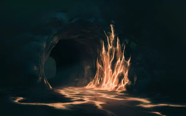  Mysterious cave with glowing lava streams