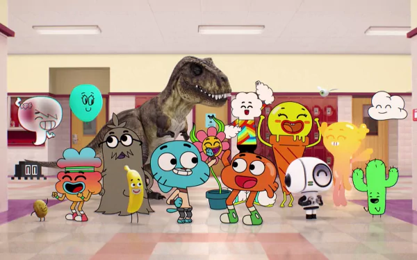 HD desktop wallpaper featuring characters from The Amazing World of Gumball, including Gumball and Darwin Watterson, with other animated characters in a school hallway.