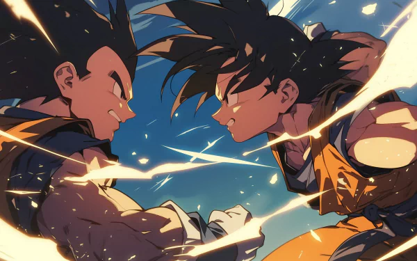 A dynamic HD desktop wallpaper featuring Vegeta and Goku from Dragon Ball Z, showcasing an intense face-off with vibrant energy bursts in the background.