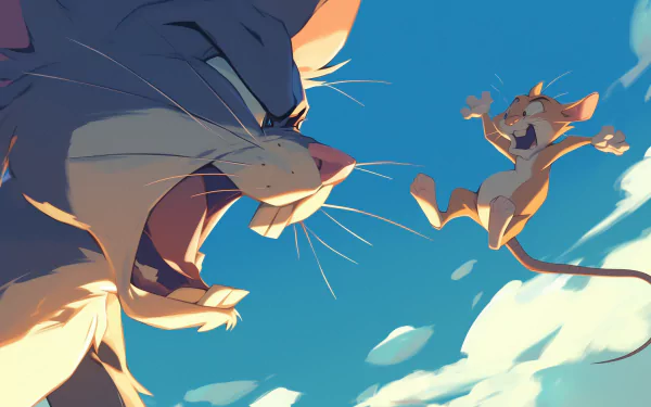 A vibrant HD wallpaper featuring Tom and Jerry, showcasing a dramatic moment with Tom angrily shouting while Jerry humorously leaps away against a bright sky.