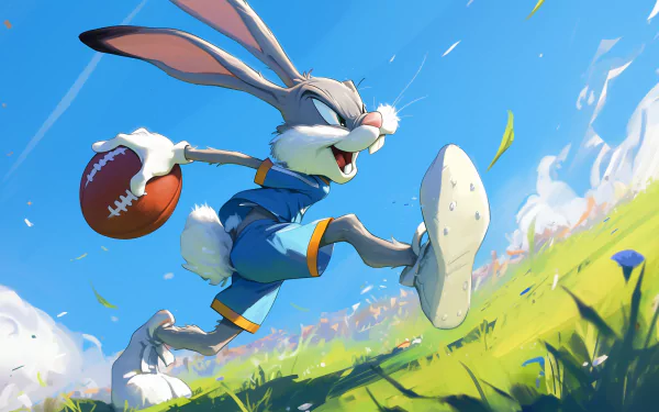 Bugs Bunny runs energetically with a football in a vibrant green field under a bright blue sky, captured in a dynamic HD desktop wallpaper.