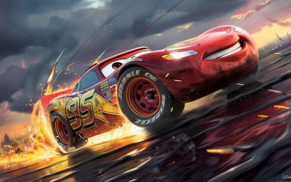 HD wallpaper of Lightning McQueen from Cars movie, racing dynamically with vibrant, fiery backdrop.
