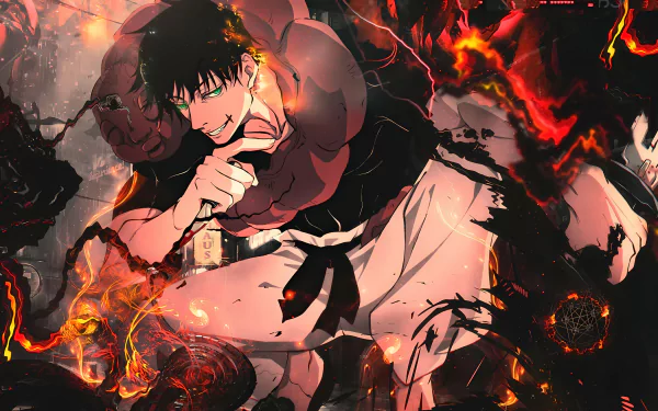 Vibrant HD desktop wallpaper featuring Toji Fushiguro from Jujutsu Kaisen, showcasing dynamic energy and striking visuals against a backdrop of intense colors and elements.
