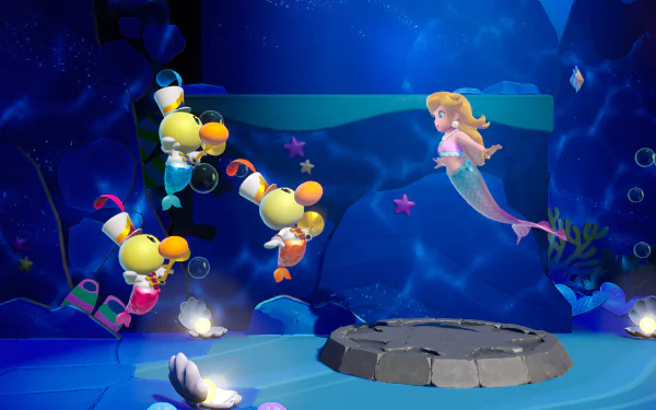 HD desktop wallpaper featuring Princess Peach in Showtime video game with colorful underwater scene.