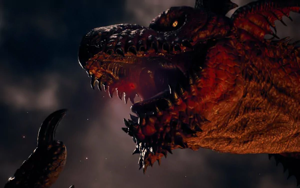 A powerful dragon from Dragon's Dogma 2 threatens in this HD desktop wallpaper, showcasing its fierce features and menacing glare against a dramatic background.