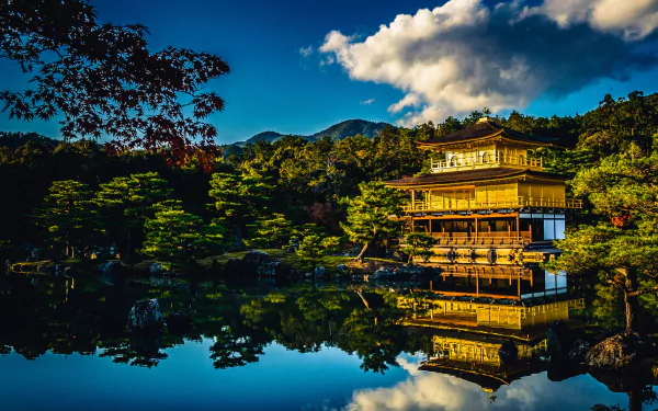 Stunning HD wallpaper featuring the iconic Kinkaku-ji Temple and its reflection on a serene lake in Kyoto, Japan, surrounded by lush greenery.