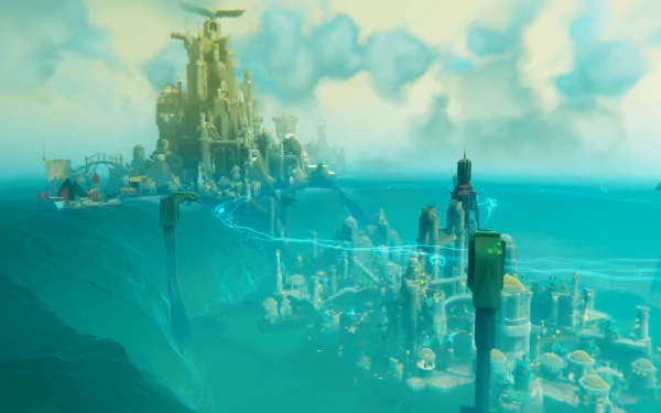 HD wallpaper featuring the awe-inspiring Bulwark cityscape from the video game Bulwark: Falconeer Chronicles, showcasing towering structures amidst vibrant skies and seas.