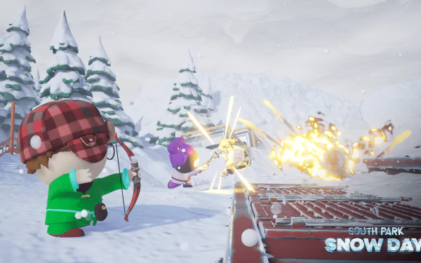 HD desktop wallpaper of South Park: Snow Day! video game with characters engaged in a snowball fight.