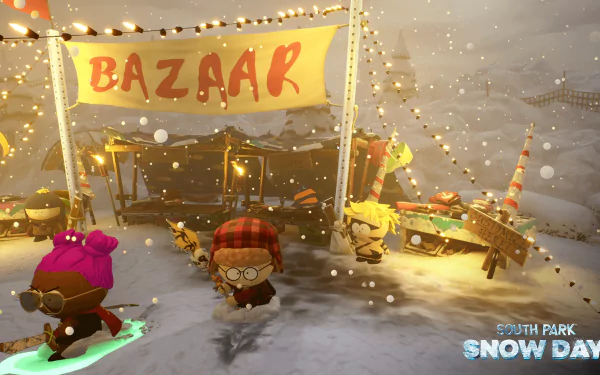 HD wallpaper of South Park: Snow Day video game featuring characters at a wintery bazaar scene for desktop background.