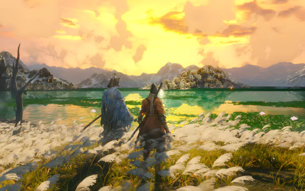 8K Ultra HD wallpaper depicting Isshin Ashina and a companion in a serene sunset scene from the video game Sekiro: Shadows Die Twice, titled Joyful Reunion.