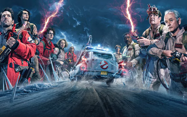 HD wallpaper featuring characters from Ghostbusters: Frozen Empire, with heroes in red outfits wielding proton packs and their iconic vehicle amid dynamic lightning effects.