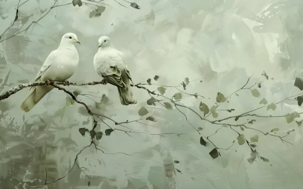 HD desktop wallpaper featuring two doves perched on a branch, with an abstract, serene background.