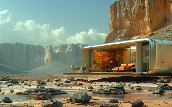 A modern tiny house sits on a rocky landscape, surrounded by majestic cliffs and distant mountains, evoking a sense of tranquility and adventure in this stunning HD wallpaper.