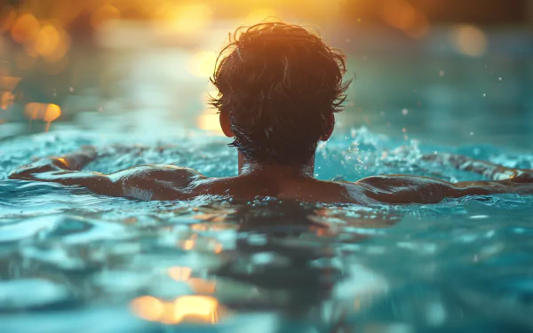 Man swimming in a pool at sunset, HD desktop wallpaper background.
