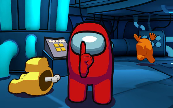 HD Among Us game wallpaper depicting a red crewmate with a suspicious look while an orange crewmate runs in the background on a spaceship interior.