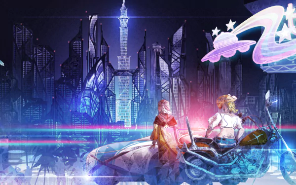 HD desktop wallpaper featuring SaGa Emerald Beyond video game characters in a futuristic cityscape.