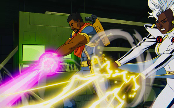Storm unleashes her powers alongside a fellow mutant in this vibrant HD wallpaper from the animated series X-Men '97, showcasing their dynamic action and energy.