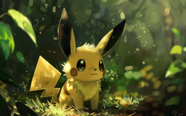 A vibrant HD wallpaper featuring Pichu from Pokémon, sitting in a sunlit forest surrounded by lush greenery, capturing the character's playful and adorable essence.